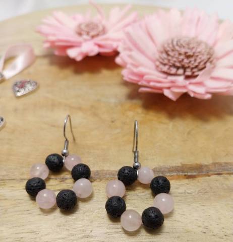 Boucles d'oreilles Quartz rose et pierre de lave