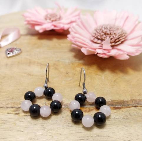 Boucles d'oreilles Quartz rose et tourmaline
